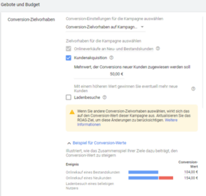 Beispiel für eine Shoppingkampagne mit Neukunden-Conversionwert
