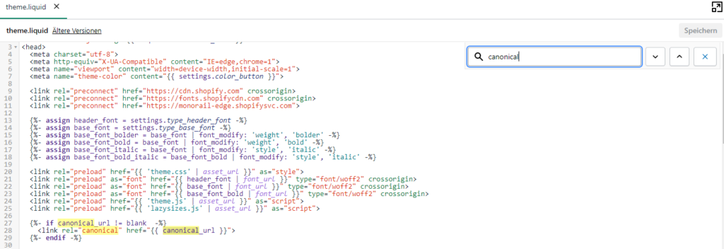 Der Screenshot zeigt den Canonical Tag im theme.liquid